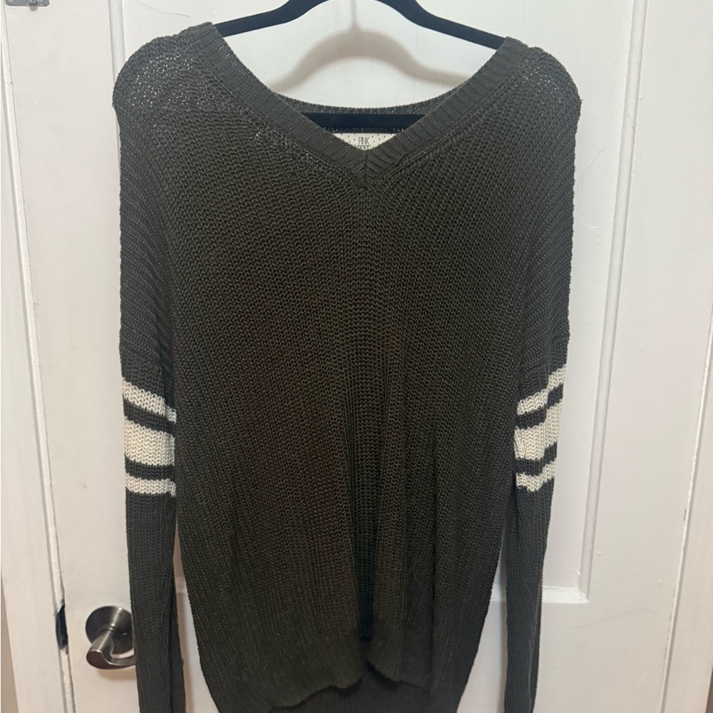 Olive Green V-Neck Sweater with Stripes